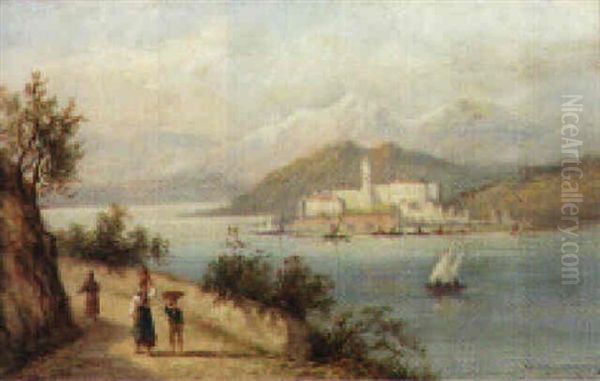 Figures On The Banks Of An Italian Lake With A Town Beyond Oil Painting by William Raymond Dommersen