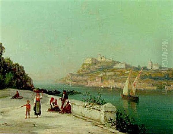 Italian Peasnts On A Terrace Overlooking A Coastal Inlet With A Town Beyond Oil Painting by William Raymond Dommersen