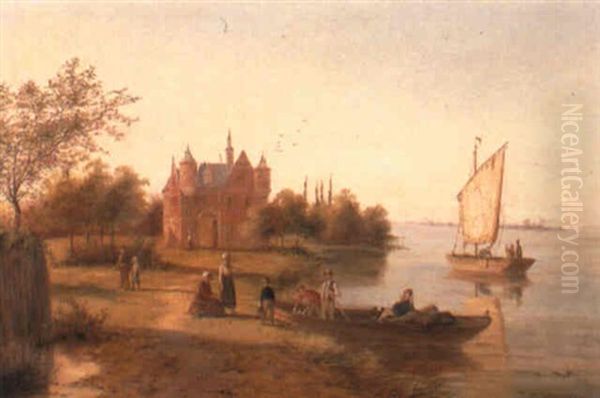 A Canal Landscape With Figures By A Ferry Oil Painting by William Raymond Dommersen