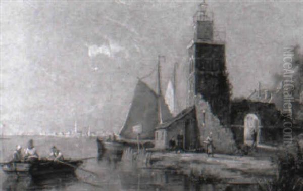 The Lighthouse At Tholen On The Zuyder Zee, Holland Oil Painting by William Raymond Dommersen