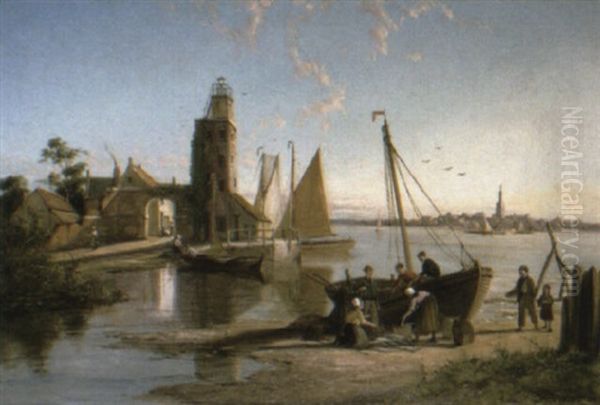 The Lighthouse At Iliolen On The Scheldt Oil Painting by William Raymond Dommersen