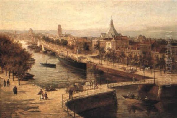 View Of Rotterdam With The Boompjies Canal And St. Laurent's Church Oil Painting by William Raymond Dommersen