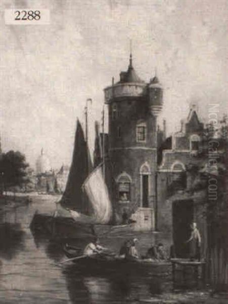 Dutch Canal Scene Oil Painting by William Raymond Dommersen