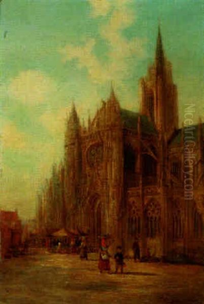 A Market Before A Cathedral Oil Painting by William Raymond Dommersen