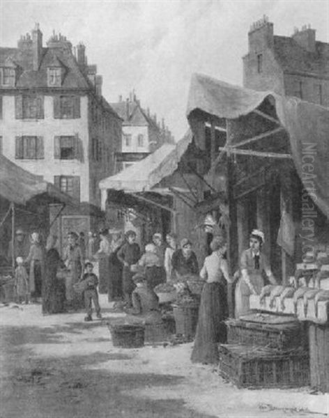 A View Of A Market-street, Paris, With Several Villagers    Conversing Oil Painting by William Raymond Dommersen