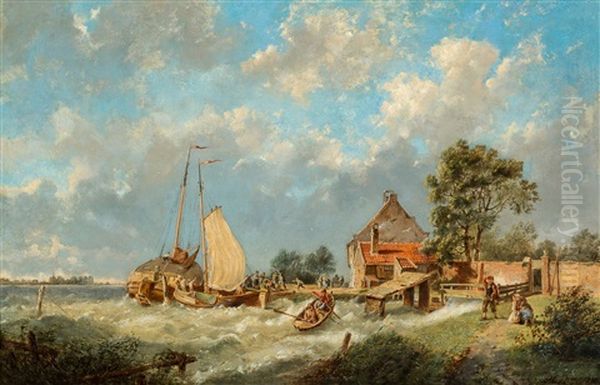 Mooring The Ships, A Storm Coming Oil Painting by Pieter Cornelis Dommershuijzen