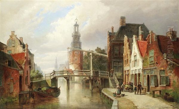 A Merchant Canal Scene Oil Painting by Pieter Cornelis Dommershuijzen