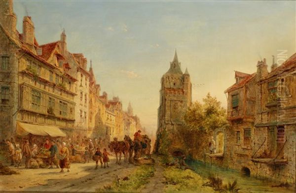 A Continental Market Scene Oil Painting by Pieter Cornelis Dommershuijzen