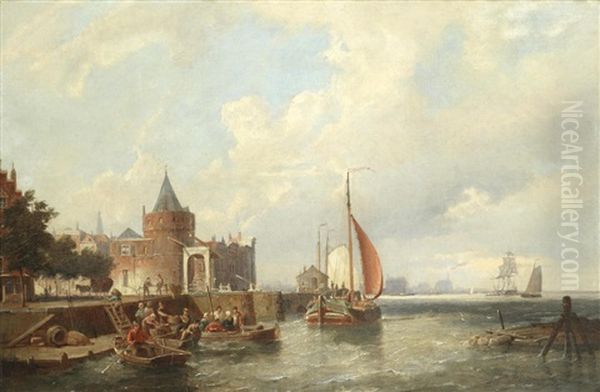 A Continental Harbour Scene Oil Painting by Pieter Cornelis Dommershuijzen