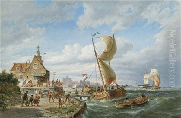 The Busy Pier (1896) Oil Painting by Pieter Cornelis Dommershuijzen