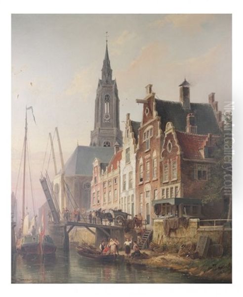 Village Canal Scene Oil Painting by Pieter Cornelis Dommershuijzen