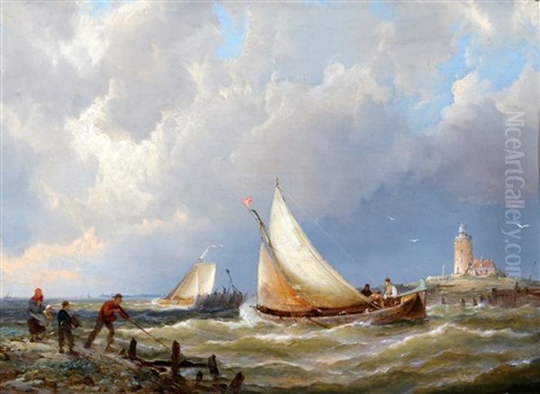 Vissersboten Bij De Havenmond Oil Painting by Pieter Cornelis Dommershuijzen