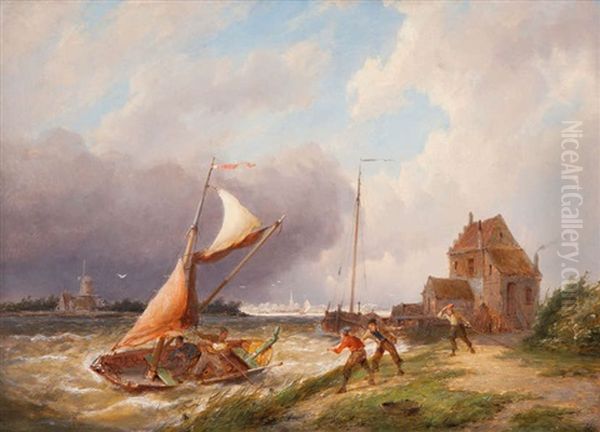 Schepen Bij De Moerdijk Oil Painting by Pieter Cornelis Dommershuijzen