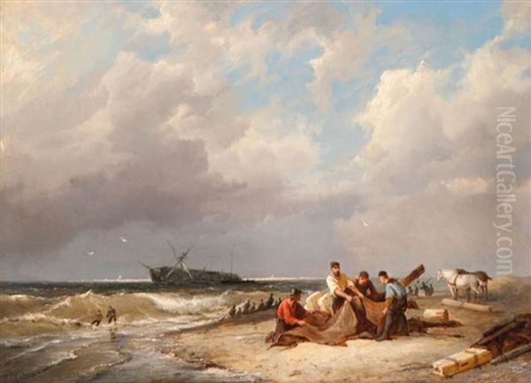 Strandjutters Met Een Scheepswrak Op De Achtergrond Oil Painting by Pieter Cornelis Dommershuijzen