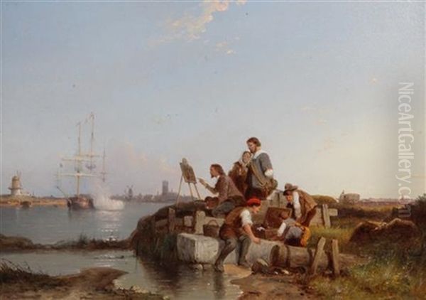 Joseph Vernet Sketching At Dordrecht Oil Painting by Pieter Cornelis Dommershuijzen