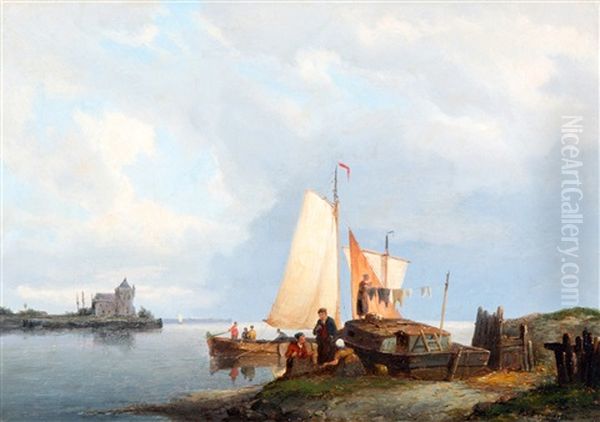 Vissersfamilie Bij Schip Aan De Waterkant Oil Painting by Pieter Cornelis Dommershuijzen