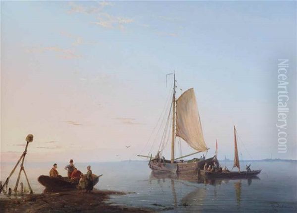 Vessels Along The Dutch Coast At Sunset Oil Painting by Pieter Cornelis Dommershuijzen