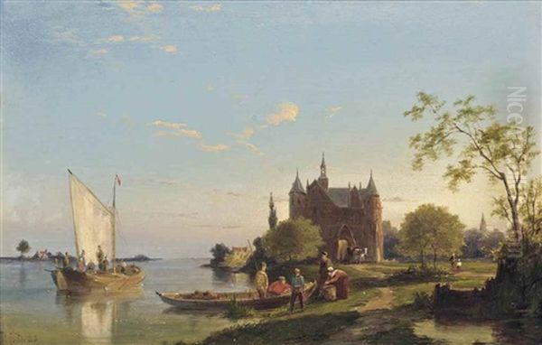 Fishermen On The River Oil Painting by Pieter Cornelis Dommershuijzen