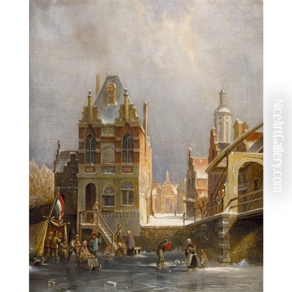 Eisvergnugen In Hollandischer Stadt Oil Painting by Pieter Cornelis Dommershuijzen