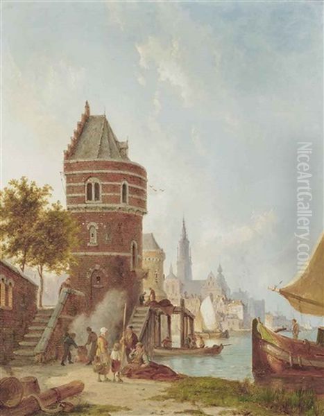 Antwerp Harbour Oil Painting by Pieter Cornelis Dommershuijzen