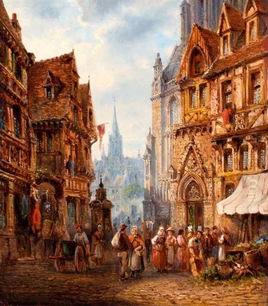 Groentenmarkt Op Het Plein Van De Kathedraal Te Rouen Oil Painting by Pieter Cornelis Dommershuijzen