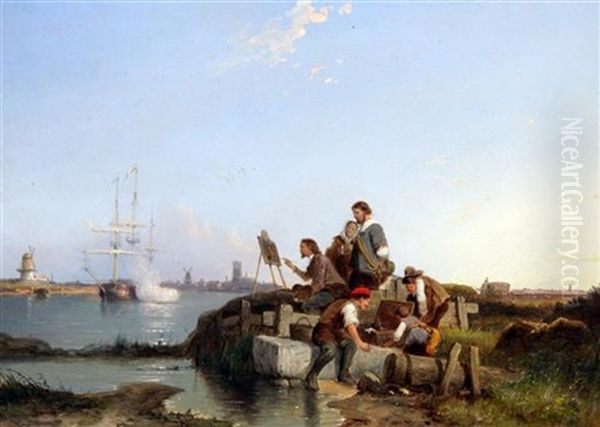 Joseph Vernet Sketching At Dordrecht Oil Painting by Pieter Cornelis Dommershuijzen