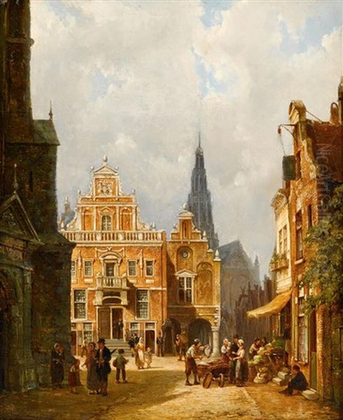 Townscape With Figures; And A Companion (pair) Oil Painting by Pieter Cornelis Dommershuijzen