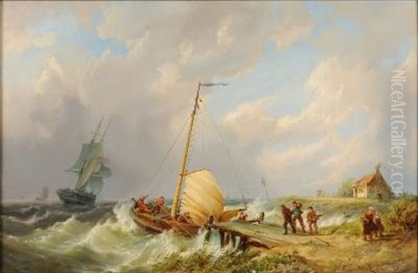 On The Scheldt, A Breezy Day With A Sailing Boat Embarking From A Jetty, A Fisherman's Cottage And Figures In The Foreground Oil Painting by Pieter Cornelis Dommershuijzen