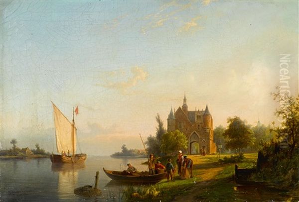 Fishing Boats On A River With Figures On The Shore Oil Painting by Pieter Cornelis Dommershuijzen