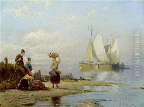 Fisherfolk On Shore (+ Choppy Waters; Pair) Oil Painting by Pieter Cornelis Dommershuijzen