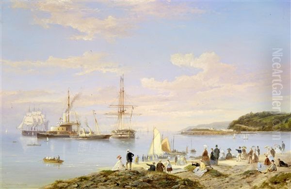 A Squadron Of Her Majesty's Ships - Old And New - Lying In Asia Pass, Plymouth Sound, With Spectators On The Hoe And With Mount Edgcumbe Looming Up Behind Drake's Island Beyond Oil Painting by Pieter Cornelis Dommershuijzen