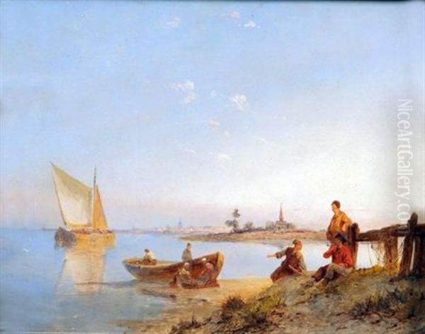 A Dutch River Scene With Figure And Boats Oil Painting by Pieter Cornelis Dommershuijzen