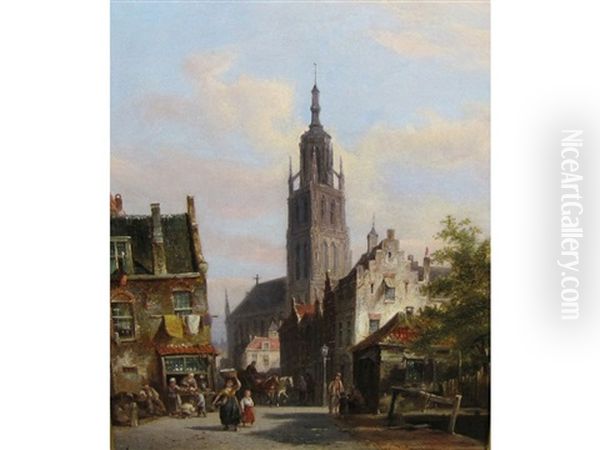 A Dutch Street Scene With Figures Oil Painting by Pieter Cornelis Dommershuijzen