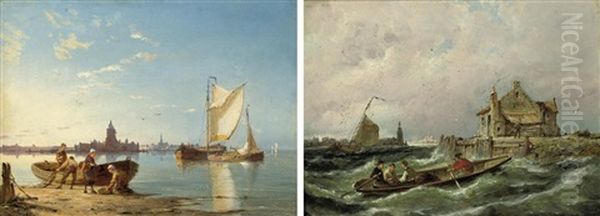 On The River At South Beveland, Holland (+ The Harbor At Zierikzee, Holland; Pair) Oil Painting by Pieter Cornelis Dommershuijzen