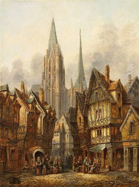 Blick Auf Gotischen Dom In Mittelalterlicher Stadt Oil Painting by Pieter Cornelis Dommershuijzen