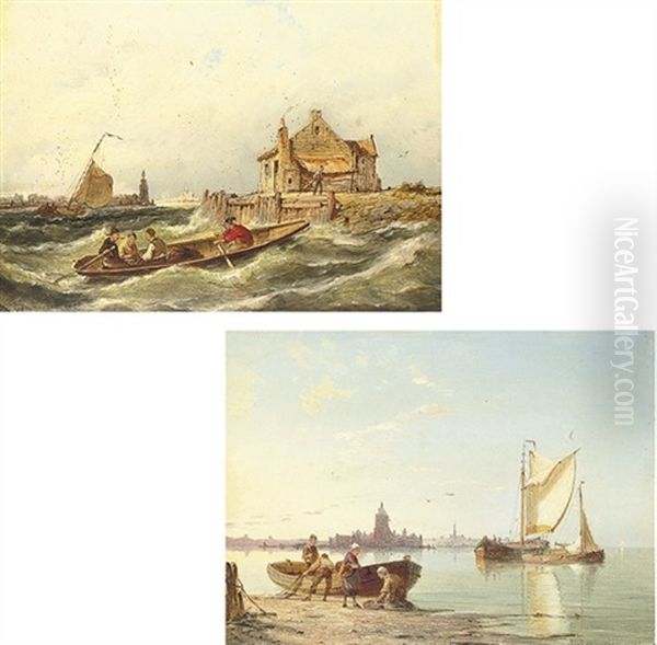 On The River At South Beveland (+ The Harbour At Zierikzee; Pair) Oil Painting by Pieter Cornelis Dommershuijzen