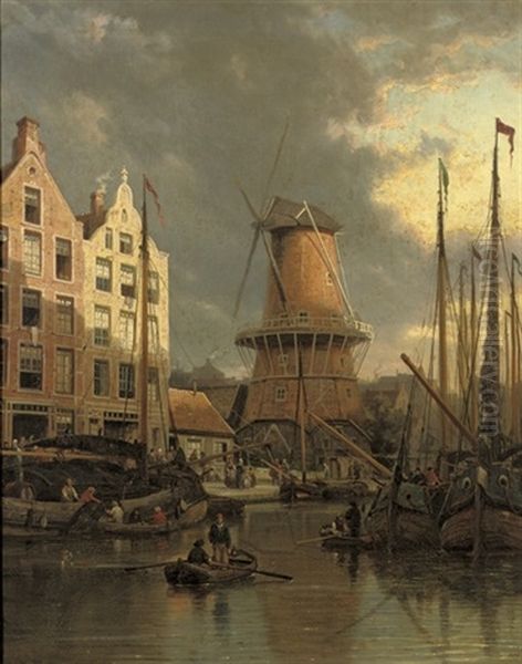 The Mill De Roozeboom, Amsterdam Oil Painting by Pieter Cornelis Dommershuijzen