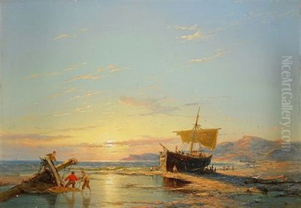 Kustvy Med Segelbat Och Sjoman Oil Painting by Pieter Cornelis Dommershuijzen