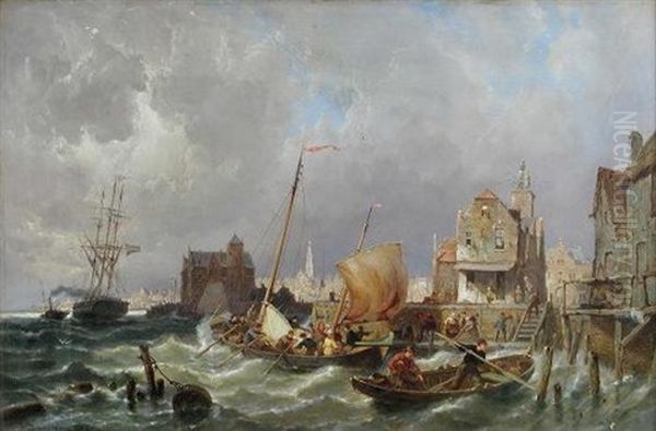 A View Of Amsterdam From The Isslemeer, With Shipping In The Foreground Oil Painting by Pieter Cornelis Dommershuijzen