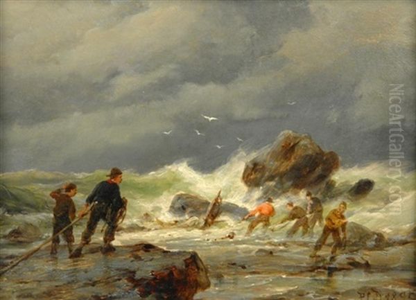 An Der Kuste. Manner Bergen Bei Sturmischem Wetter Strandgut Oil Painting by Pieter Cornelis Dommershuijzen