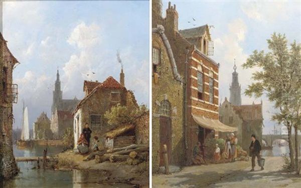 Amsterdam In Summer (+ Alkmaar In Summer; Pair) Oil Painting by Pieter Cornelis Dommershuijzen