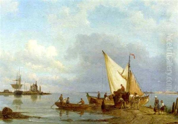 Unloading The Cargo On The Bank Of An Estuary Oil Painting by Pieter Cornelis Dommershuijzen