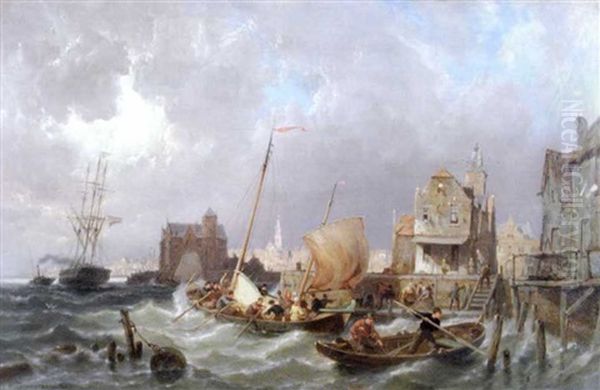 A View Of Amsterdam From The Isslemeer, With Shipping In The Foreground Oil Painting by Pieter Cornelis Dommershuijzen