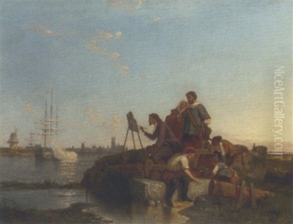 The Artist, Pieter Cornelis Dommersen, Painting A Dutch River Scene With A Warship Saluting It's Arrival Oil Painting by Pieter Cornelis Dommershuijzen