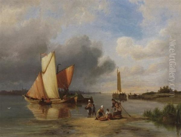 An Der Kuste Auf Der Insel Marken Am Ijsselmeer. Fischerfamilien Beim Anlanden Oil Painting by Pieter Cornelis Dommershuijzen