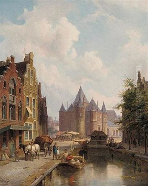 A Canal In Amsterdam Oil Painting by Pieter Cornelis Dommershuijzen