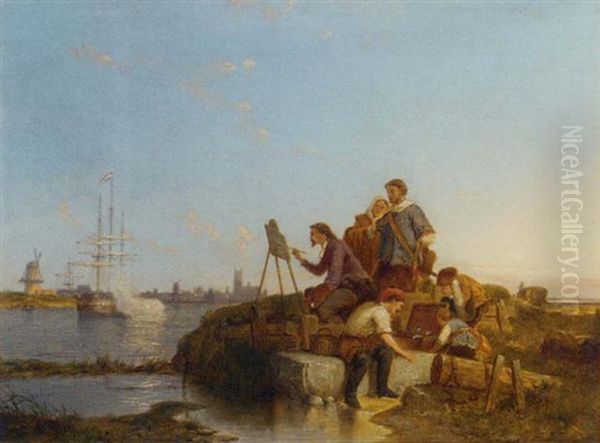 The Artist Painting A Dutch Warship From The Banks Of An Estuary Oil Painting by Pieter Cornelis Dommershuijzen