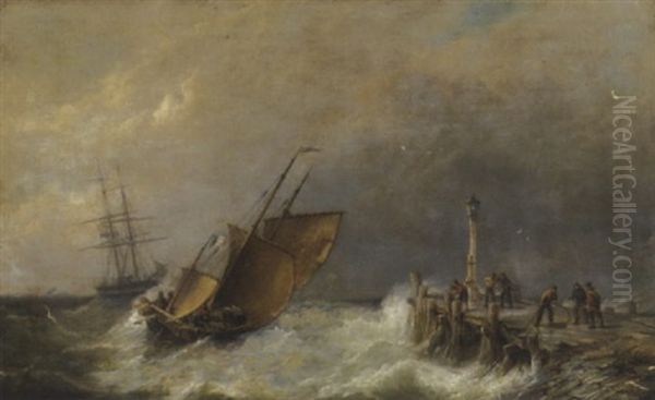 Stormy Weather: Bringing A Ship To Shore Oil Painting by Pieter Cornelis Dommershuijzen