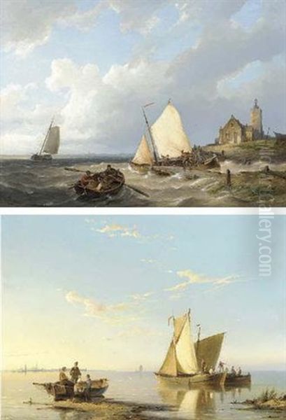 Fishing Boats Off The Coast On The Maas, Holland Oil Painting by Pieter Cornelis Dommershuijzen