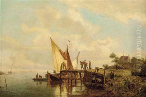 Unloading The Barge Oil Painting by Pieter Cornelis Dommershuijzen